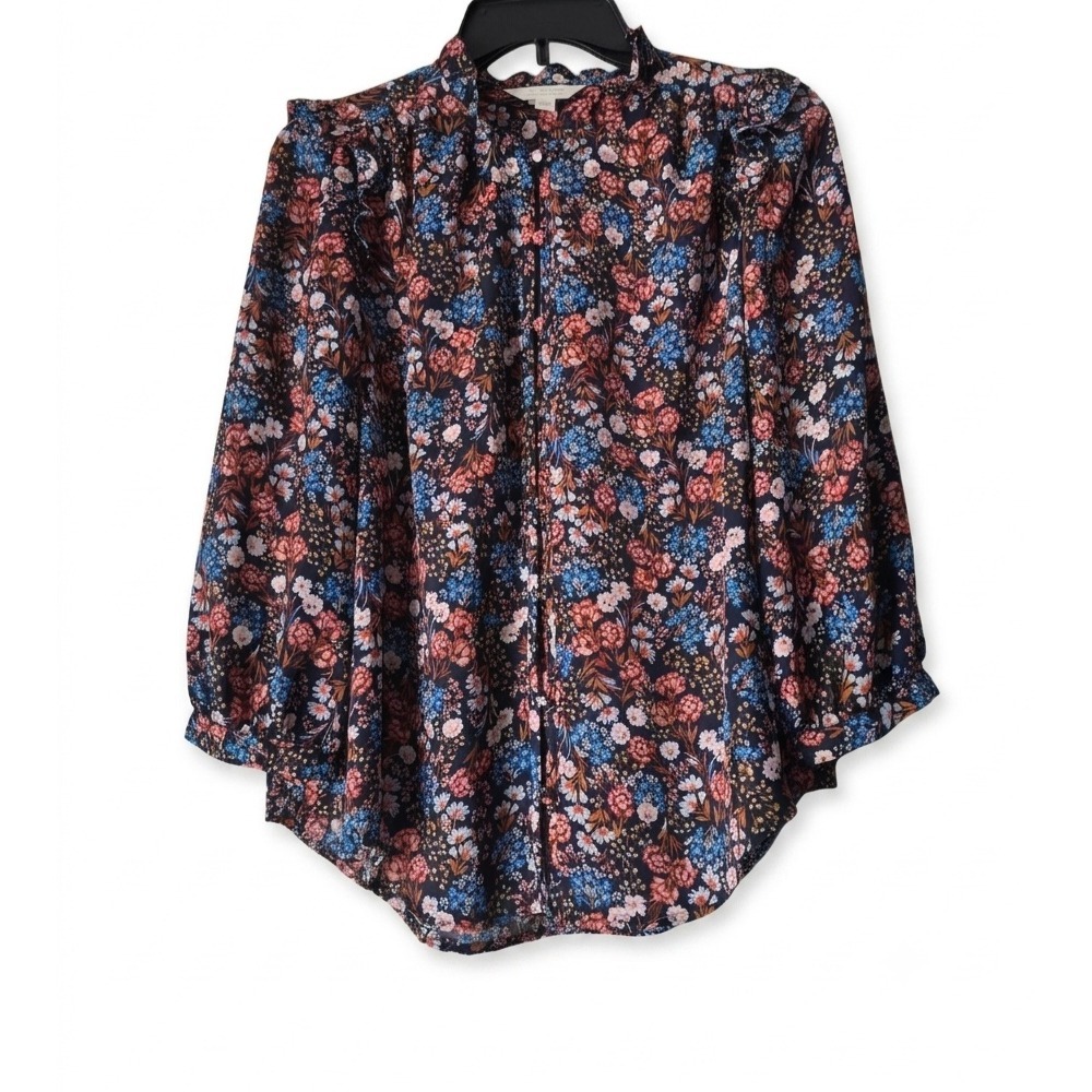 LC Lauren Conrad Navy Floral Ruffle High Neck Button Front Blouse Top Small